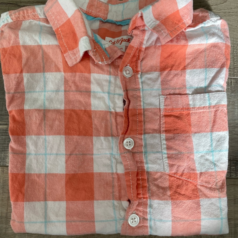 Boys Cat&Jack small 6/7 orange, white, and blue short sleeved button up
